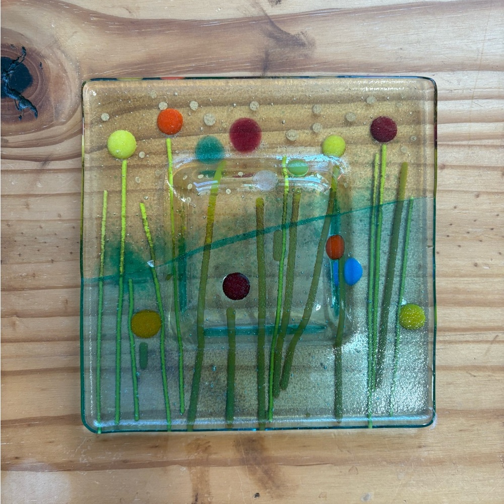“The Garden”Fused Art Glass  Handmade 6.5”Square Tray By Victoria Heisler